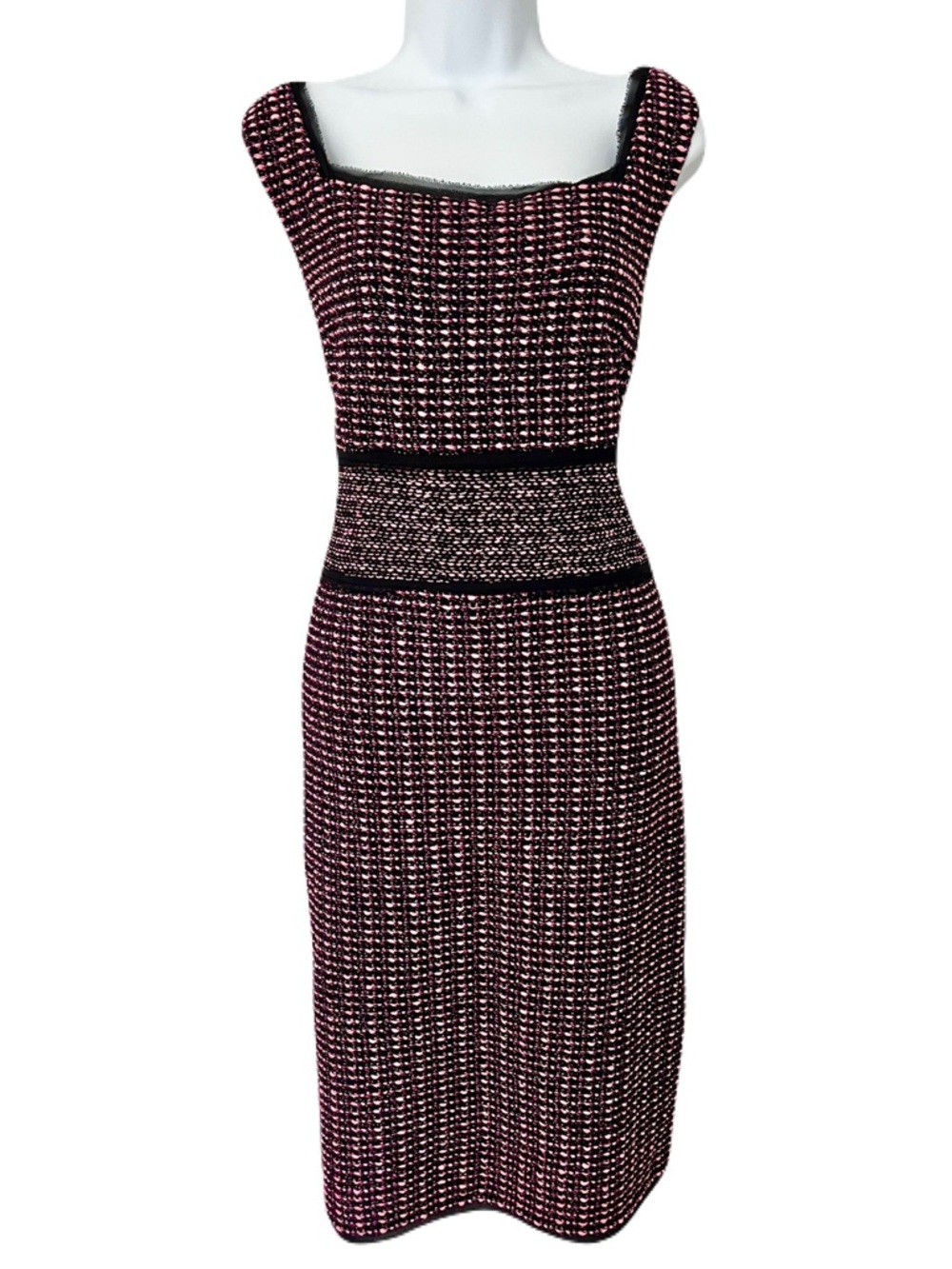 St. John ‘Elista’ Pink and Black Tweed Sleeveless Square Neckline Dress, Size 12 - Picture 3 of 10